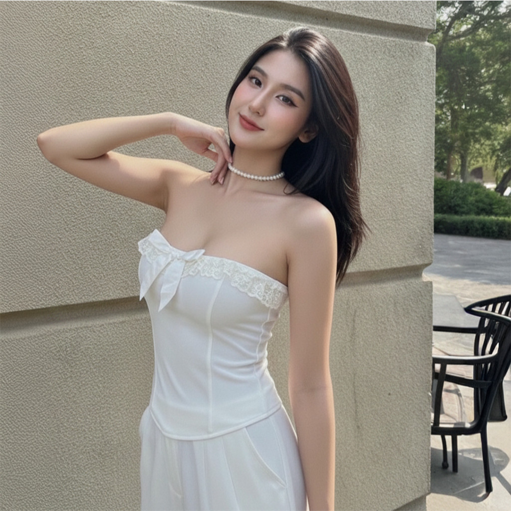 Áo Ống Nữ Cúp Ngực Phối Viền Ren  Đính Nơ Xinh Xắn A5928