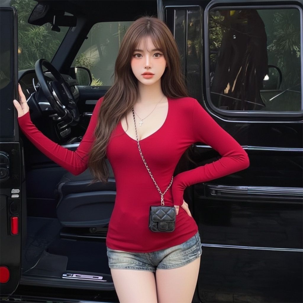 Áo Thun Tay Dài Cổ Tim Khoét Sâu Tay Dáng Ôm Đơn Giản A566565 -Sambotique
