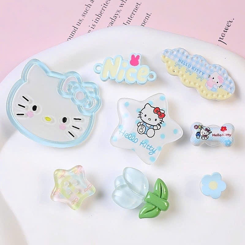 Set Charm Mèo Hello Kitty Xanh Pastel Cute Kawaii Mini – Charm Ngôi Sao Nice Hoa Trong Suốt Trang Trí Dép