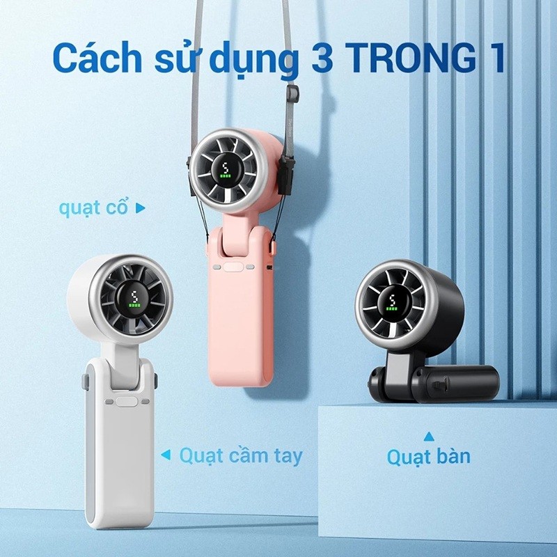 Quạt Cầm Tay Tích Điện Gió Mạnh Turbo Công Suất 5Cấp Độ Gió Kèm Dây Đeo Cổ Màn hình LED hiển thị pin