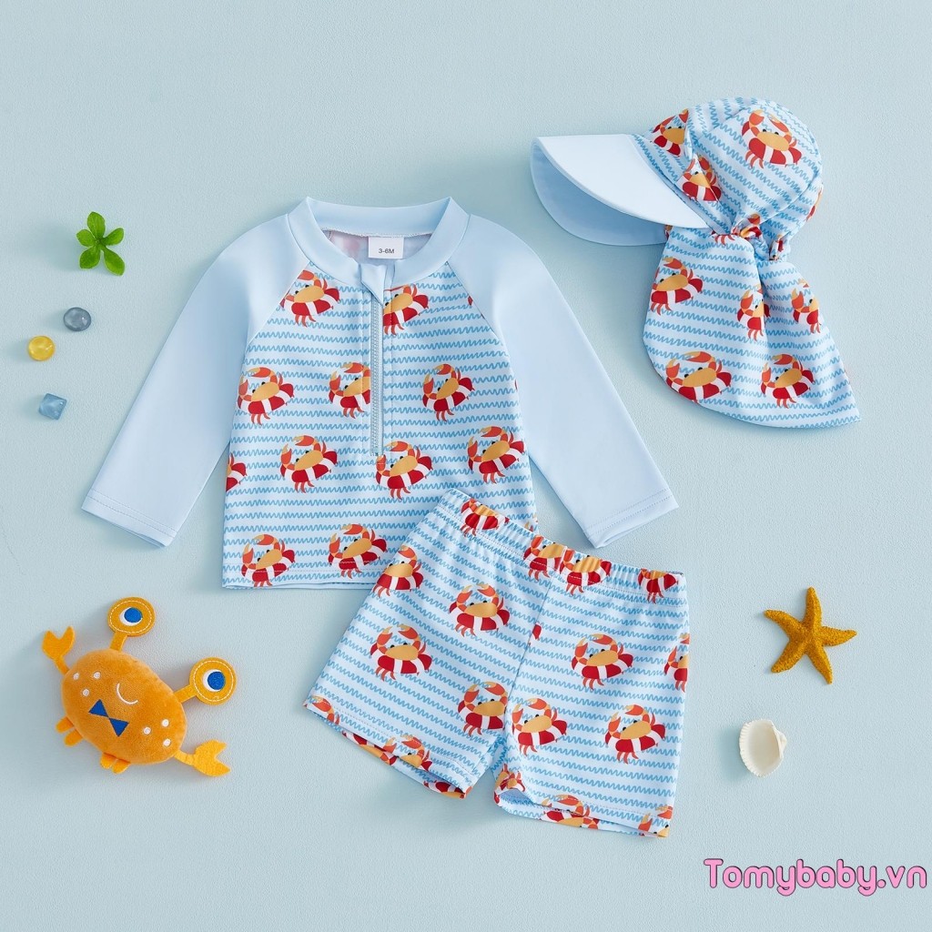 Áo dài tay in hình cua cho bé trai + Quần bơi + Mũ chống nắng Bộ đồ tắm khô nhanh 3 mảnh