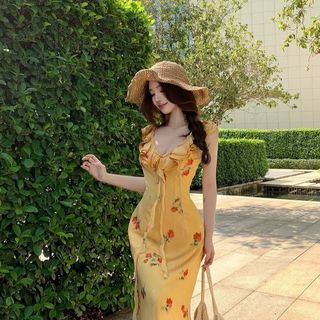Đầm dây cổ V hoa vàng phong cách Pháp cho nữ, đầm dài ôm sát mùa hè trẻ trung quyến rũ