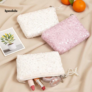 Túi đựng mỹ phẩm đính cườm dây kéo nơ giả ngọc trai lấp lánh – túi trang điểm/vệ sinh du lịch di động cho nữ