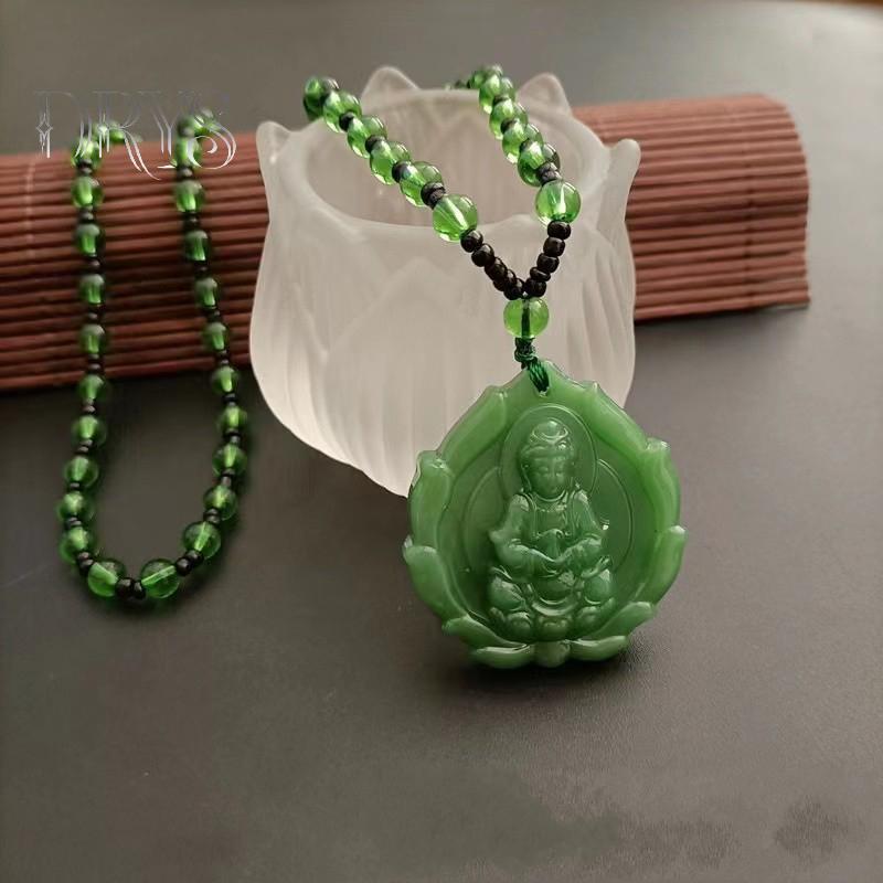Dây chuyền ngọc xanh khắc hình Guanyin, trang sức phong thủy Phật giáo mới dành cho cả nam và nữ