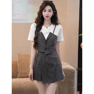 Set Trang phục nhẹ nhàng và thanh lịch dành cho nữ, bộ đồ giả hai mảnh kiểu mới với áo thun tay ngắn và quần váy chữ A