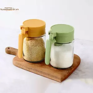 TRTR Hộ Gia Đình Nhà Bếp Chống Ẩm Lọ Gia Vị Muối Hộp Đựng 2 Trong 1 Thủy Tinh Gia Vị Thìa Tách Ly Gia Vị Có Thể VN