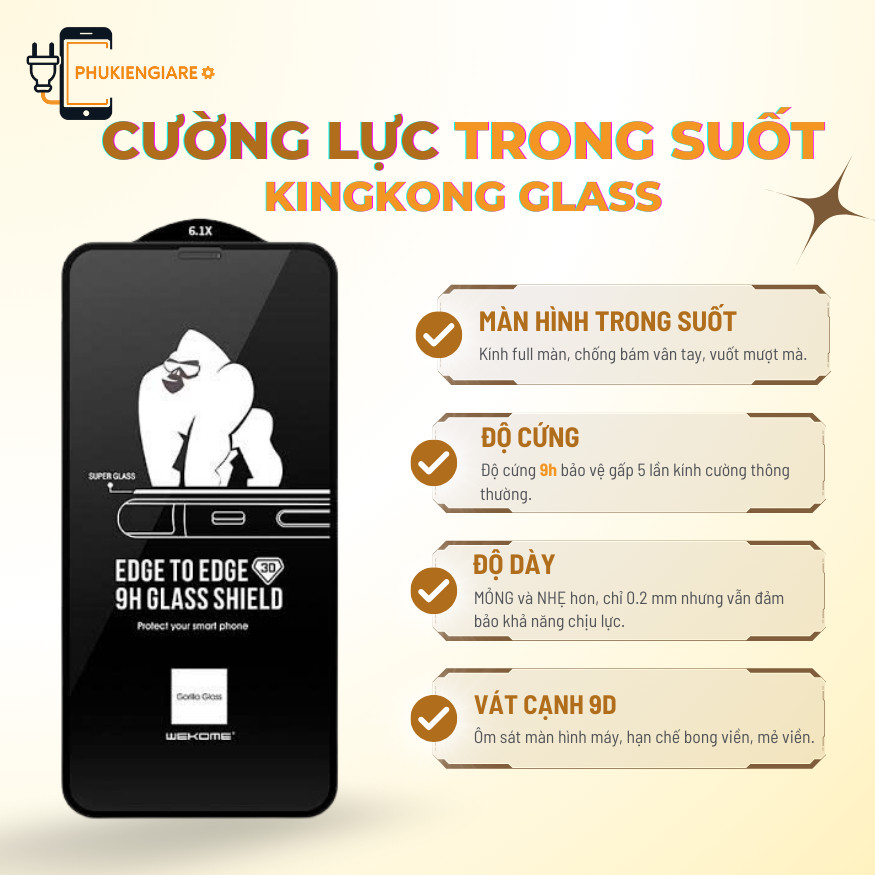 Kính Cường Lực Trong Suốt 3D Full Màn Hình KingKong cho iPhone X/XR/XS/11/12/13/14/15/16/pro/promax