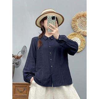Áo sơ mi nữ cotton chất lượng cao, phong cách retro văn học với thiết kế cổ vuông, tay dài, nhẹ nhàng phù hợp mùa thu và mặc thường ngày