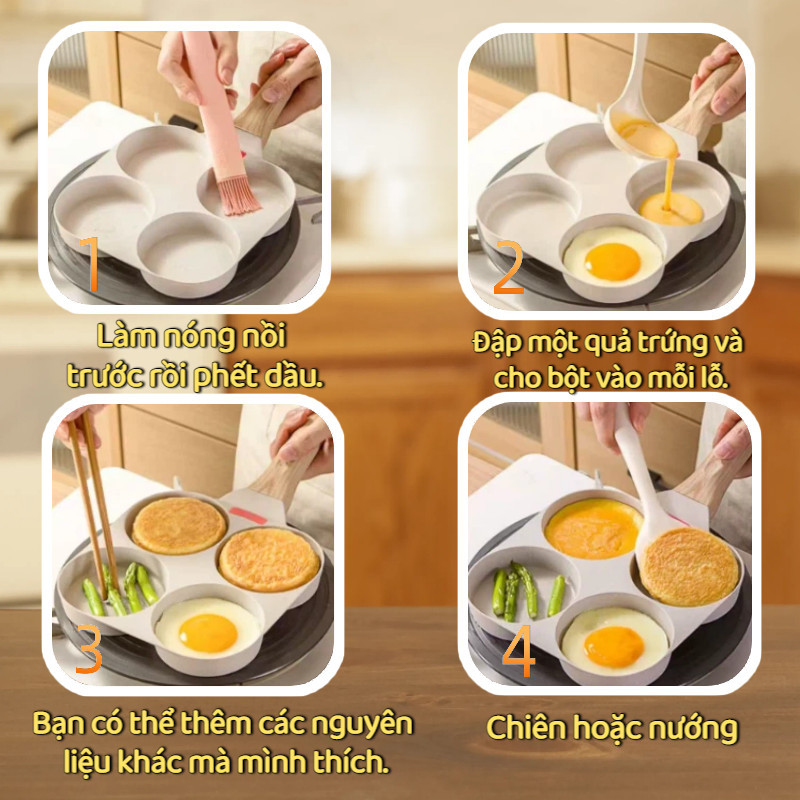 Chảo Chiên 4 Ngăn Chống Dính Cao Cấp Đa Năng - Tay Cầm Gỗ Chống Nóng, Dễ Vệ Sinh, Dùng Mọi Bếp