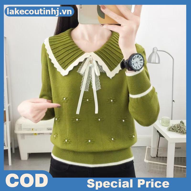 Áo len Hàn Quốc cổ búp bê dài tay, nơ ngọt ngào và hạt đính cườm dành cho nữ