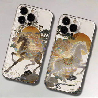 Ốp điện thoại hình mẫu đơn và ngựa phong cách cổ điển cho iPhone 17Air / 16 / 15PLUS / 14 / 13pro Max / 12 / 11 / X / XS / 7 / 8, cá tính sáng tạo. Vỏ trong suốt, chống thấm nước, chống sốc, vỏ bảo vệ