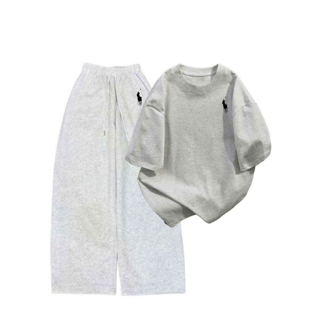 sét bộ quần đồ da cá xám tiêu in ngựa   + mix áo phông form rộng hình ngựa phong cách thời thượng