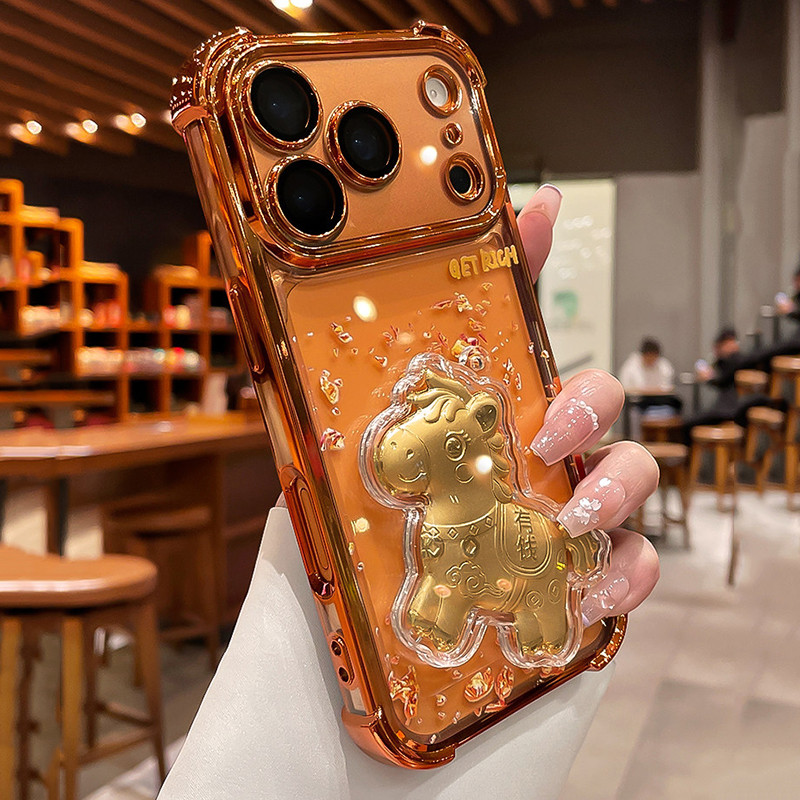 Ốp điện thoại trong suốt 3D Rich Golden Horse cho iPhone 17 16 15 14 13 12 11 ProMax Air Plus Vỏ mềm mạ chống sốc
