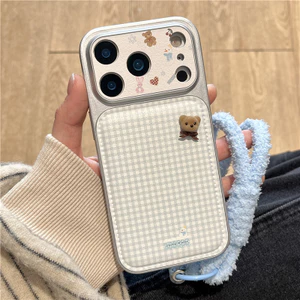 Ốp điện thoại TPU + PU họa tiết gấu kẻ sọc cho iPhone 17 Pro max 16 Pro
