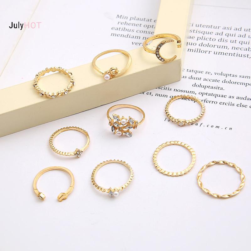Đồng Set 10 Nhẫn Retro Với Thiết Kế Ngôi Sao, Mặt Trăng và Ngọc Trai - Phù Hợp Cho Các Chủng Mẫu
