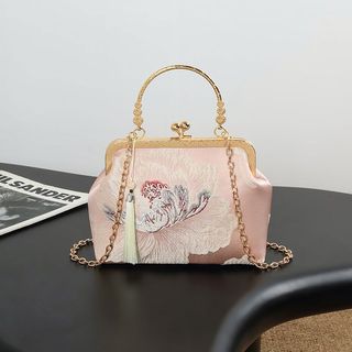 Túi dây chuyền ngọc trai cổ điển Trung Quốc có thể giữ điện thoại di động Dung tích lớn Màu hồng Phong cách Trung Quốc Hoa mẫu đơn vàng Hoa tre Túi phong cách Trung Quốc Sườn xám Hanfu Phù hợp với túi xách dự tiệc hàng ngày