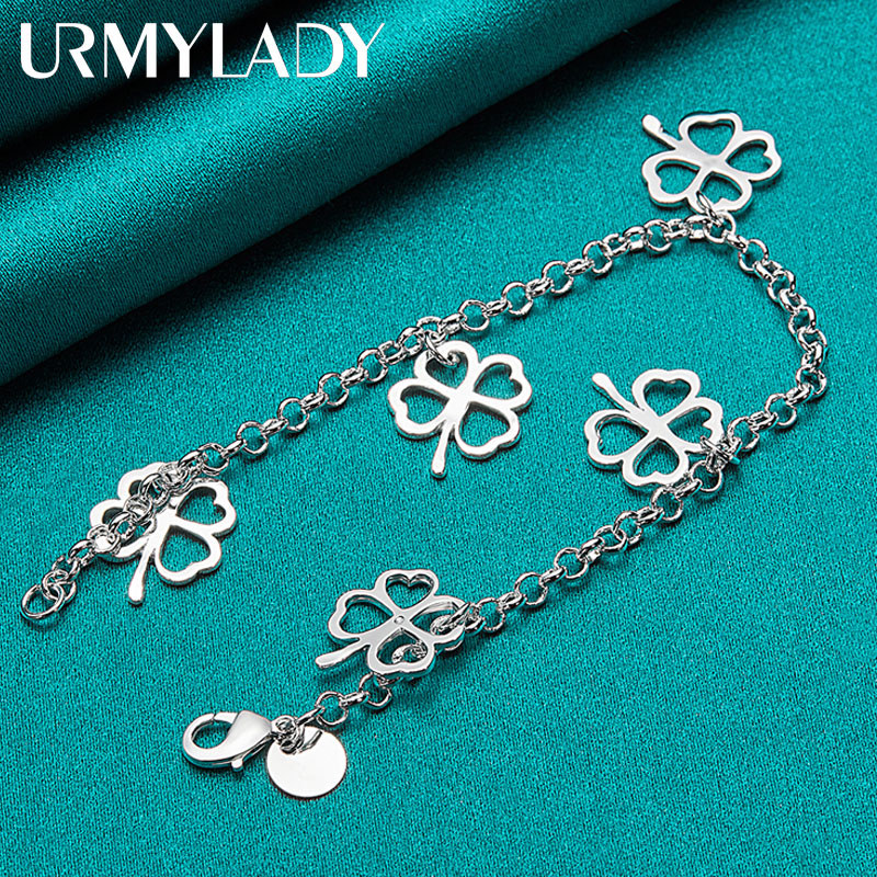 URMYLADY - Mặt dây chuyền và vòng tay bạc 925 bốn lá cỏ ba lá, thời trang thanh lịch cho nữ