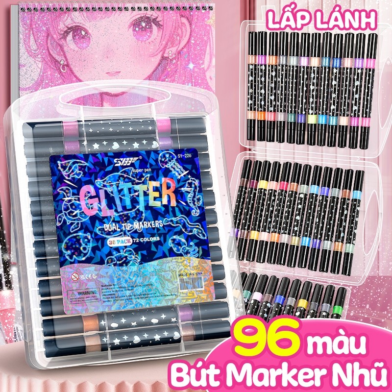 Màu Acrylic Marker Cho Học Sinh, Bút Lông Màu 2 Đầu Mềm - Hộp 48 Chiếc 96 Màu Đẹp, Hoàn Hảo Cho Bé Sáng Tạo