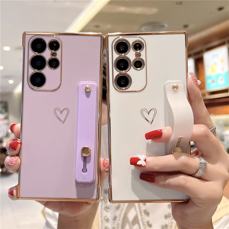Giá đỡ dây đeo cổ tay Mạ điện cho Samsung Galaxy A57 A37 A56 A36 A27 A26 A25 A24 A17 A16 A15 A14 A55 A35 Vỏ điện thoại hình trái tim tình yêu