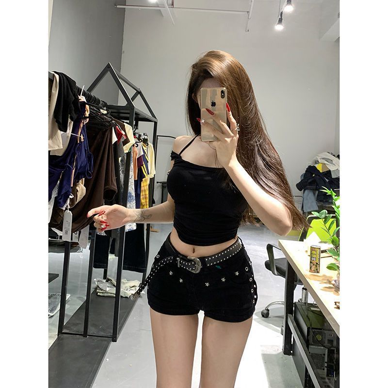 Cao Cấp Quần Short Denim Nữ Mùa Hè, Đinh Tán Nâng Hông, Phong Cách Skinny Mỏng