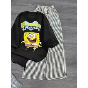 Sét Bộ Áo Dễ Thương In Bọt Biển Vàng Mix Kèm Quần Dài kẻ Sọc Chất Đũi Cotton Mềm Mát