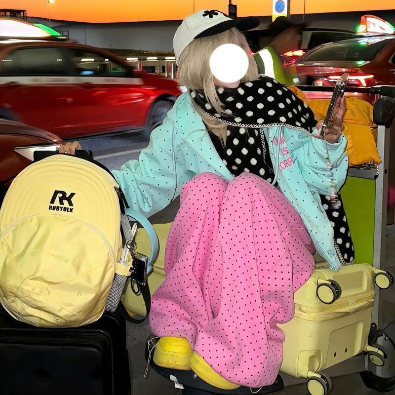 [Khuyến mãi trong thời gian có hạn] [Cotton trọng lượng cao] Mùa xuân thu Retro Mỹ ngọt ngào Cool Polka Dot In Áo khoác có mũ trùm đầu có dây kéo rộng