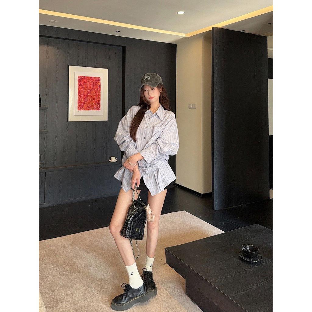 SUXI Áo sơ mi phong cách Pháp sọc dài tay nhẹ nhàng mùa xuân 260305