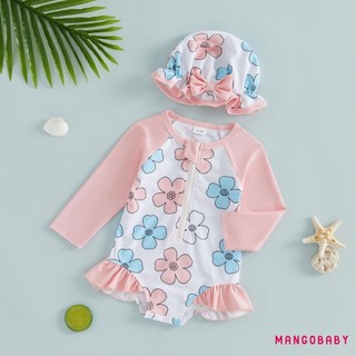 MG-Toddler Bộ Đồ Bơi Bé Gái Hoa Nửa Khóa Kéo Dài Tay Rash Guard Bộ Đồ Tắm Và Mũ Chống Nắng Đồ Bơi Đáng Yêu