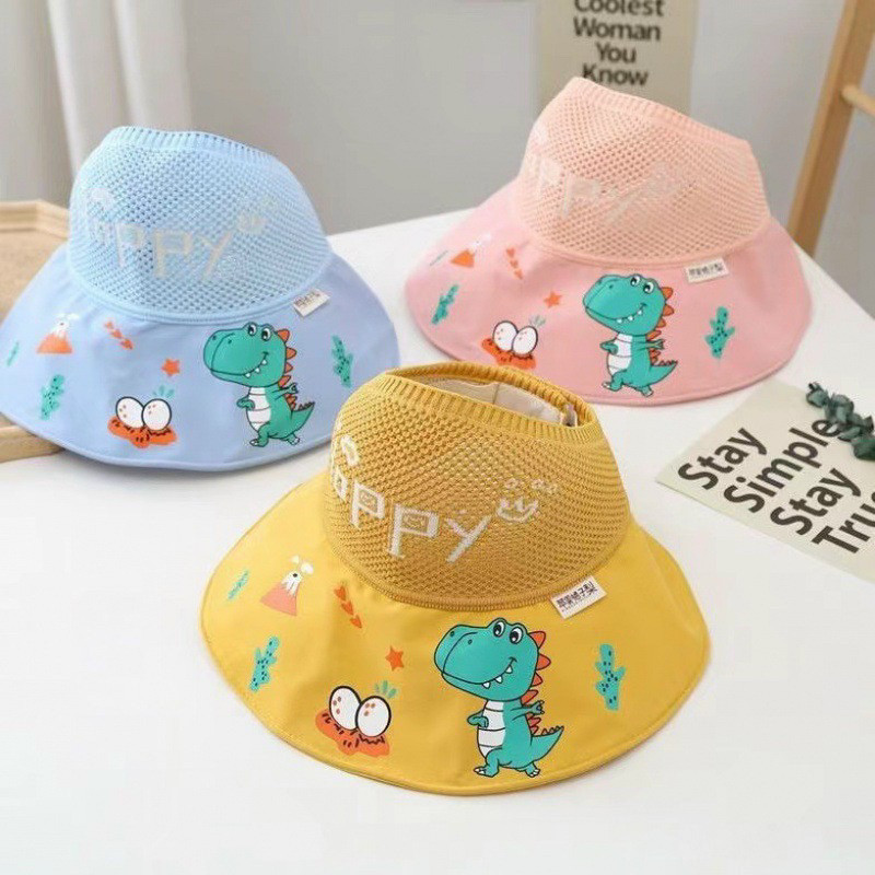 Mũ Chống Nắng Cho Bé Vành Rộng Vải Lưới Thoáng Khí Hoạ Tiết Khủng Long Siêu Xinh