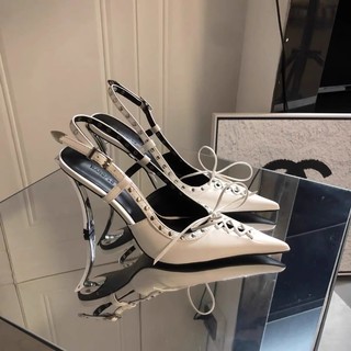 Mũi Nhọn Đinh Tán Giày Nữ Mùa Xuân Hè 2025 Mũi Che Lưng Dép Trống Stiletto Ren Cao Gót Thời Trang Sang Trọng Giày Đơn
