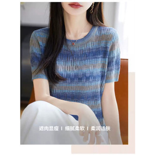 Dệt Kim Áo Tay Ngắn Cổ Tròn Phản Màu Sọc Rỗng, Phù Hợp Mùa Hè