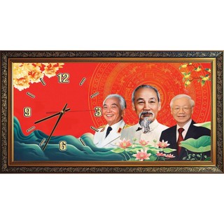 Tranh gắn đồng hồ 3 Bác 01 tráng gương đóng khung