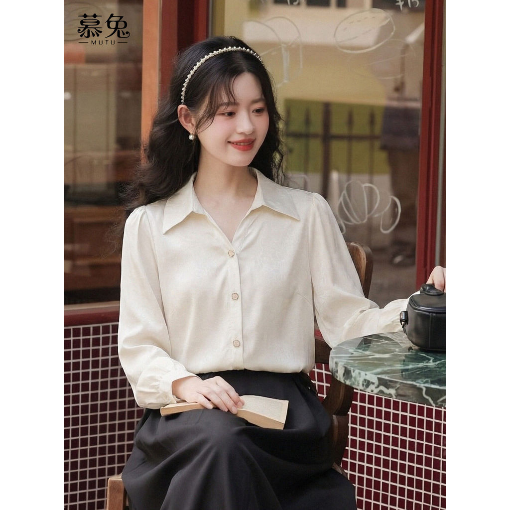 Mutu Áo sơ mi nữ phong cách Pháp cổ chữ V vai dài, chính hãng, phù hợp mùa xuân mới với thiết kế ôm dáng sang trọng