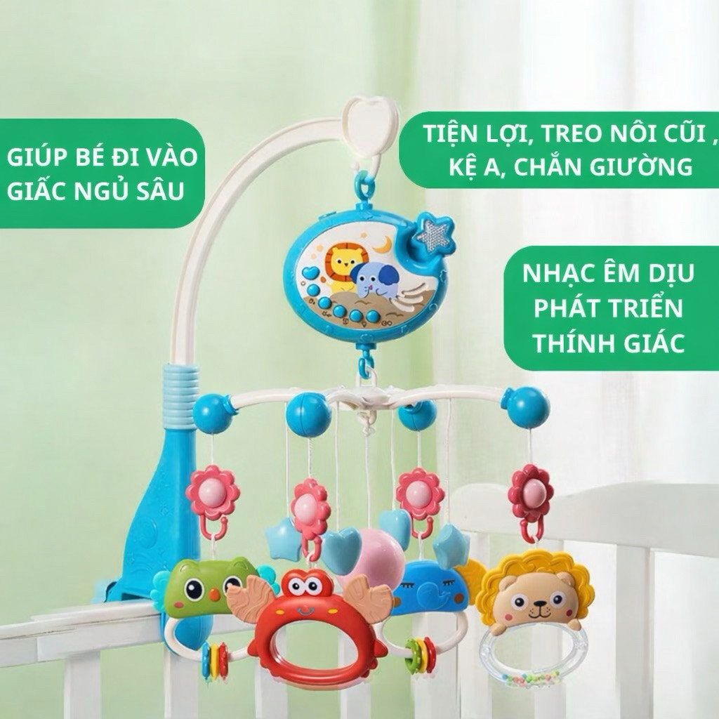 Đồ chơi treo nôi cũi kèm gặm nướu cho bé sơ sinh xoay 360 kích thích thị giác có hộp nhạc chế độ tự tắt ANBEBE
