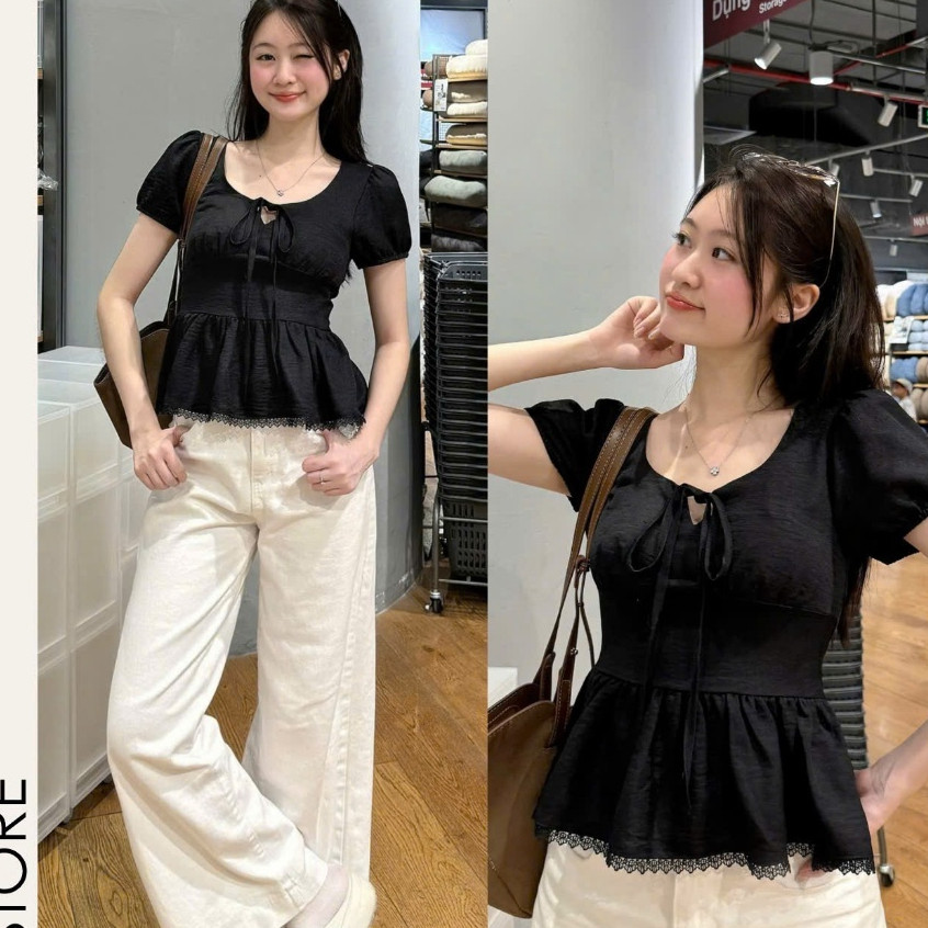 Áo Kiểu Nơ Buộc Bo Eo Tay Bồng Pha Ren A311733Thời Trang Nữ Bigsize