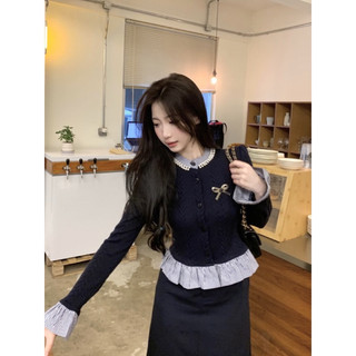 Set Áo Len Vặn Thừng Phối Bèo Kẻ Dập Ngọc Mix Chân Váy Dáng Dài Kèm Nơ Siêu Xinh