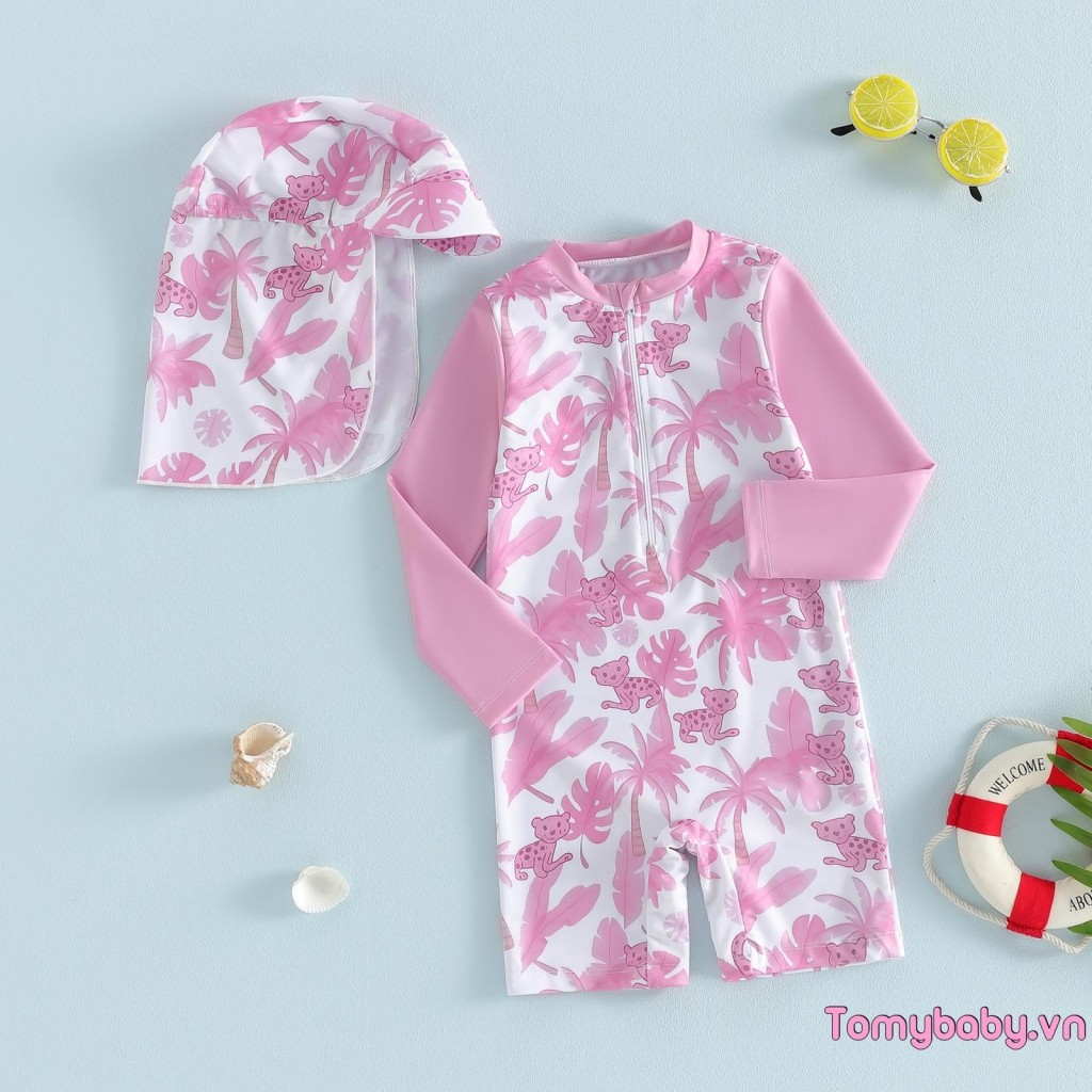 Bộ đồ bơi mùa hè cho bé gái in hình cây cọ dài tay cổ tròn bảo vệ phát ban Bộ đồ tắm có mũ