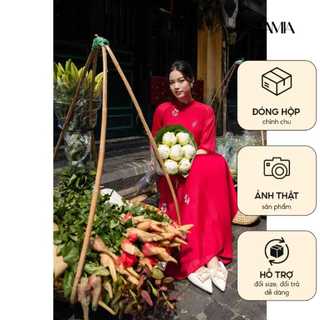 Áo dài Lamia Design AD121 tơ ánh phối lụa thêu hoa trắng thủ công kiểu cổ trụ 1 phân truyền thống