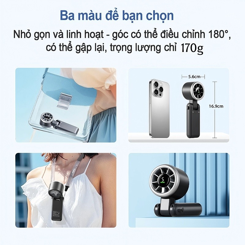 Quạt Cầm Tay Tích Điện Gió Mạnh Turbo Công Suất 5Cấp Độ Gió Kèm Dây Đeo Cổ Màn hình LED hiển thị pin