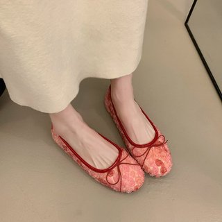 Giày Đế Bằng Nữ Mũi Tròn Slip-On Nông Miệng Nơ