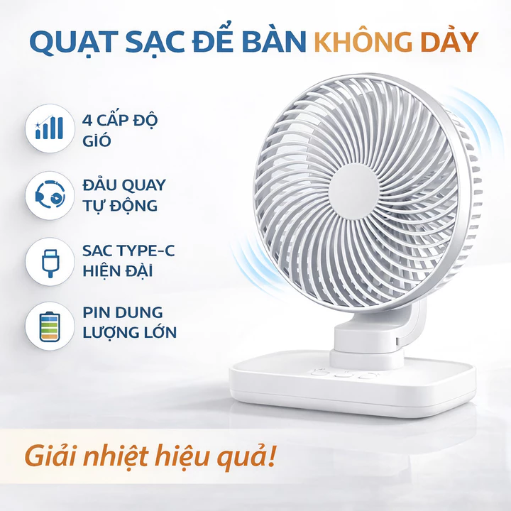Quạt Mini Không Dây, Quạt Tích Điện, Quạt Để Bàn, Quạt USB, Quạt Sạc, Quạt Nhỏ, 4 Cấp Gió, Pin Lớn, Xoay Tự Động, Sạc Ty