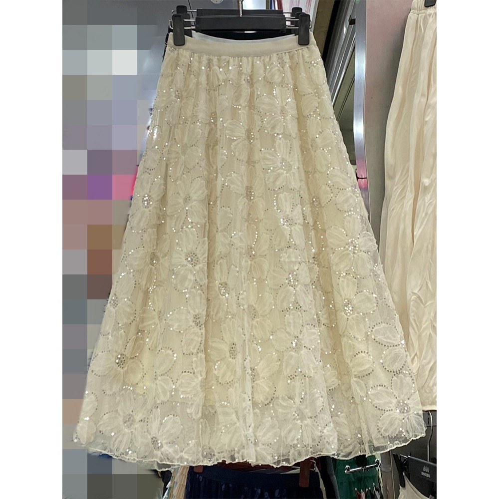 Váy voan đính sequin mùa thu/đông mới, kiểu Pháp ngọt ngào, ren hoa, lưới, dáng xòe