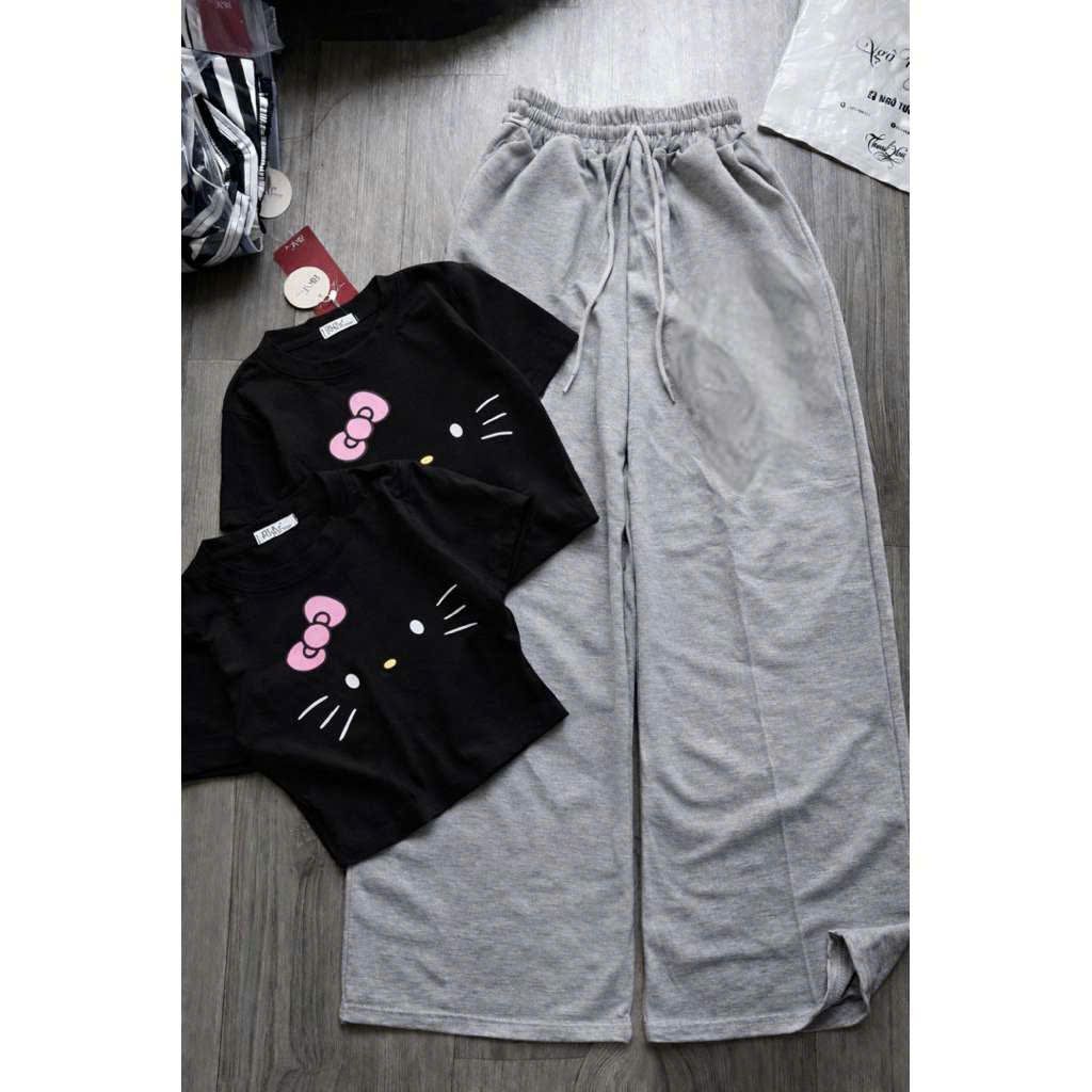 sét bộ quần dài da cá xám đậm+mix áo Croptop hình mèo đơn giản  -thoitrangsetbo