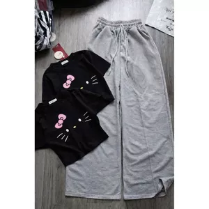 sét bộ quần dài da cá xám đậm+mix áo Croptop hình mèo đơn giản -thoitrangsetbo