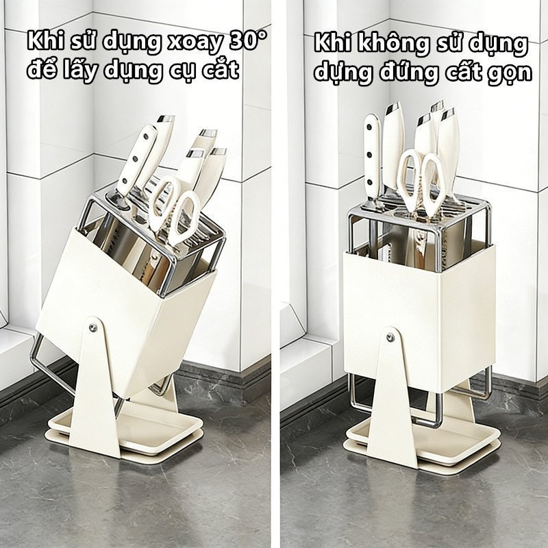 Giá Để Dao xoay linh hoạt khay hứng nước thép không gỉ tiết kiệm không gian bền lâu màu trắng xám