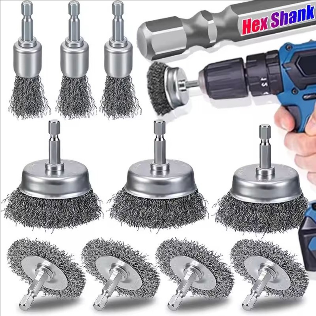 Bàn chải dây thép cho máy khoan | 3 Loại (Bút, T, Bát) Nhiều Kích Cỡ | Loại bỏ rỉ sét, Deburring & Đánh bóng |Bàn chải làm sạch cho gỗ kim loại | Dụng cụ điện Hex Shank Fit