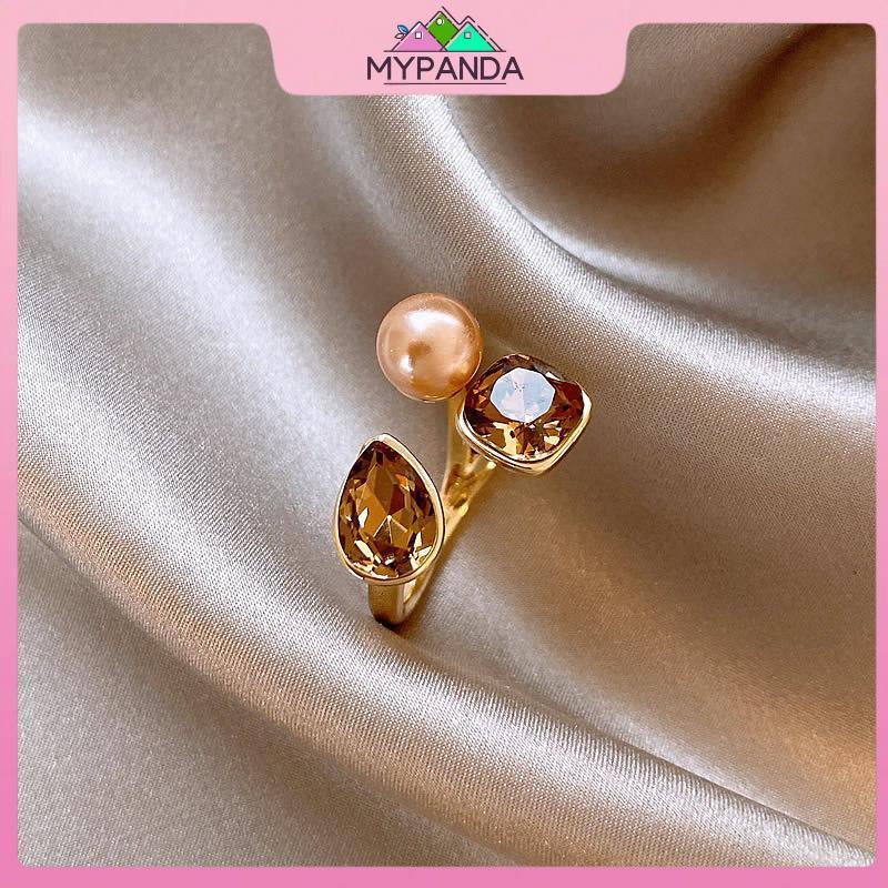MYPANDA Nhẫn hình học pha lê champagne ngọc trai kim loại, tinh tế cho dự tiệc