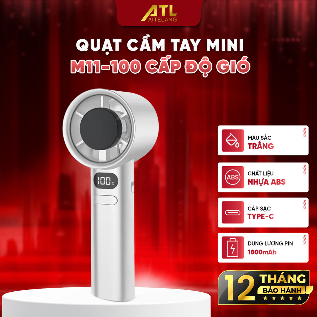 Quạt cầm tay mini M11 siêu mát, quạt tích điện tiện lợi, màn hình LED 120 cấp độ gió, pin 1800mAh