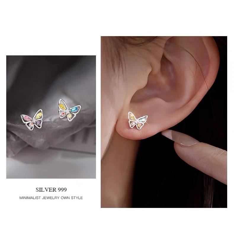 Bông tai bướm đầy màu sắc bạc s999