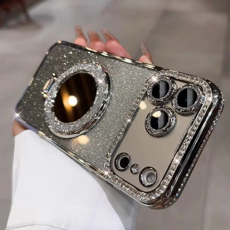 Gương Lấp Lánh Đứng Từ Tính Ốp Lưng Điện Thoại iPhone 17 16 15 14 13 12 Pro Max 11 17 Air Sang Trọng Kim Cương Giả Thiết Kế Trường Hợp